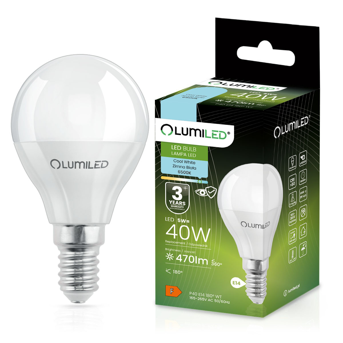 Żarówka LED E14 Kulka P45 5W = 40W 470lm 6500K Zimna 180° LUMILED - główne zdjęcie produktu