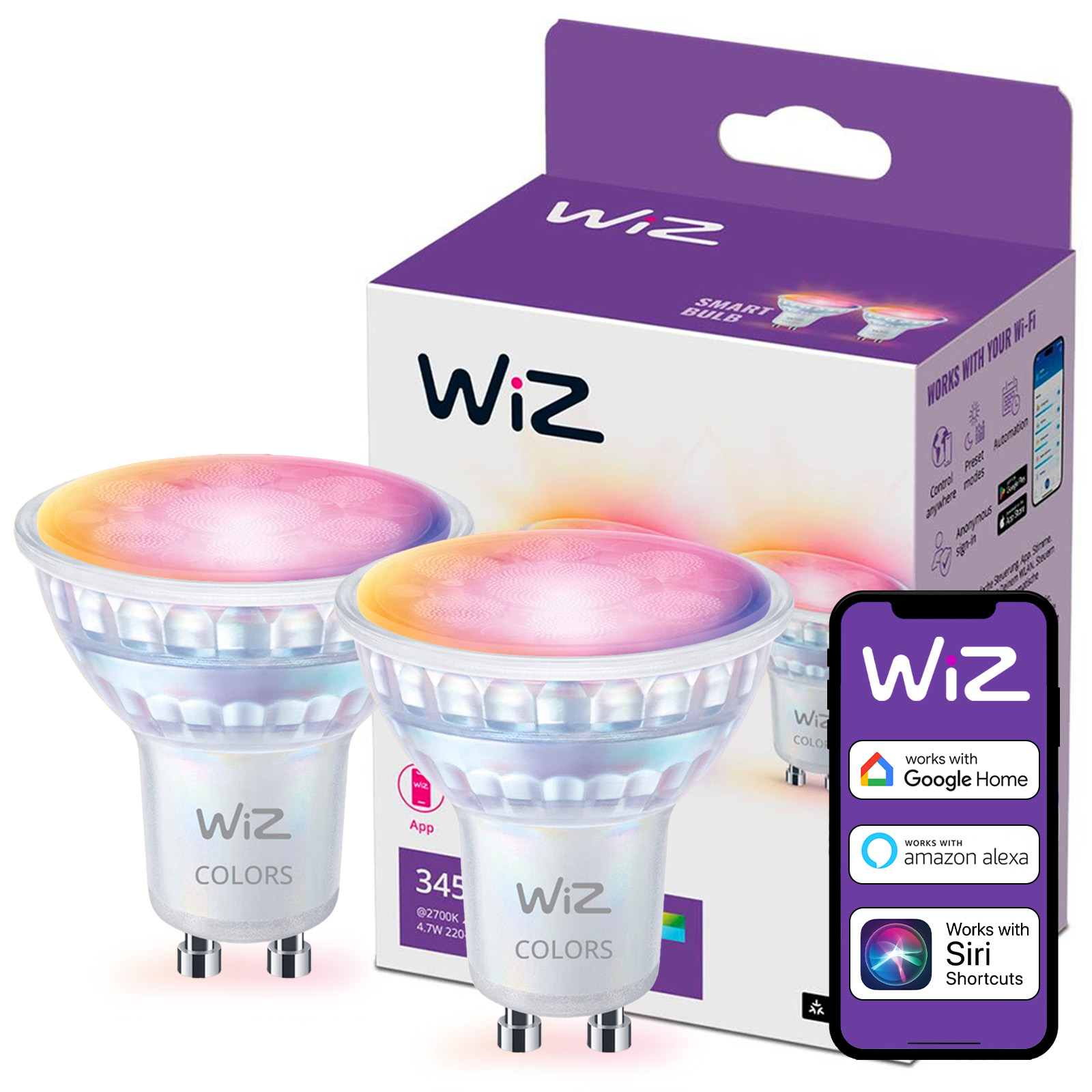 2x Żarówka LED GU10 Reflektor PAR16 4.7W = 50W 345lm 2200-6500K RGB + TW Inteligentna SMART WiFi Bluetooth Aplikacja WiZ - główne zdjęcie produktu