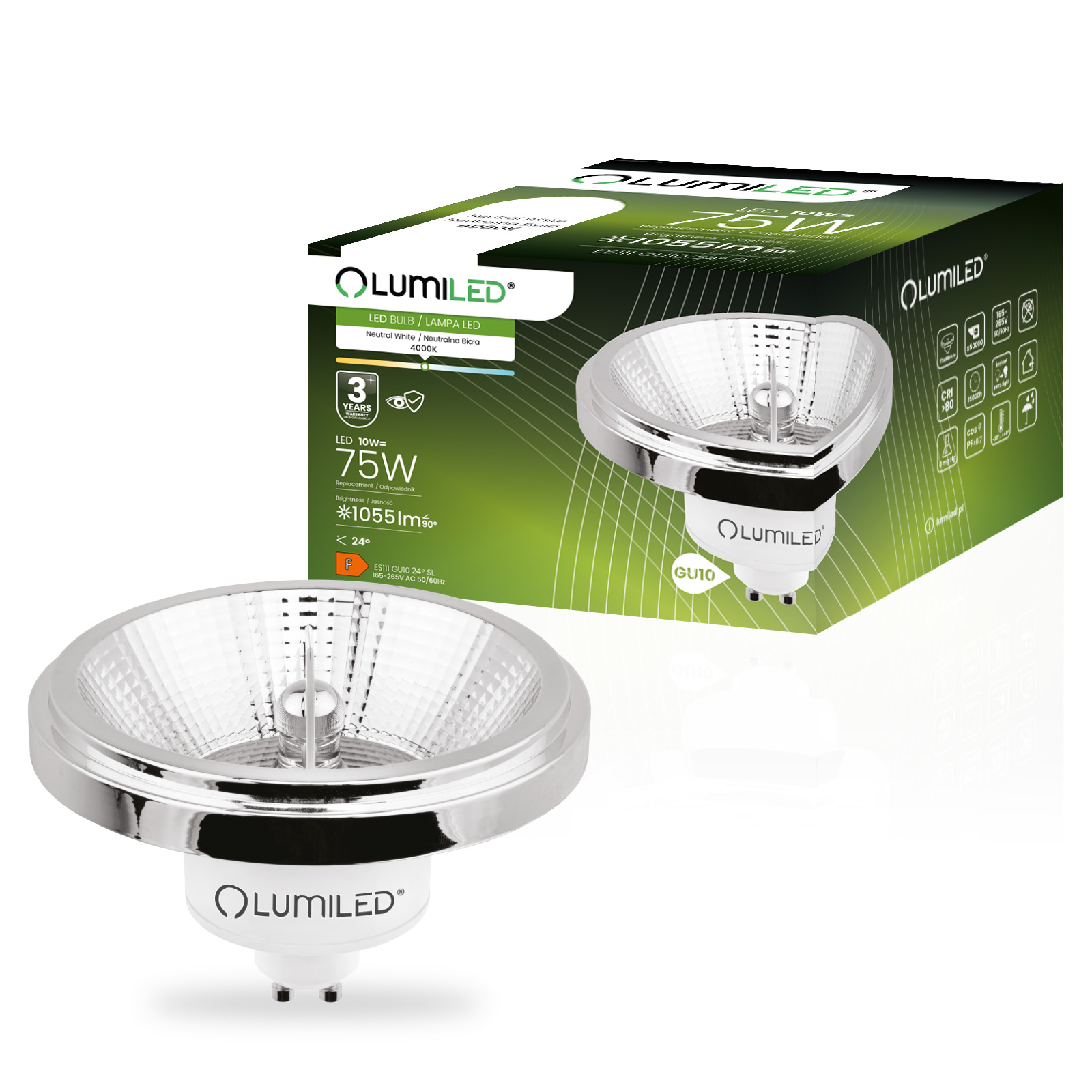 Żarówka LED GU10 Reflektor ES111 10W = 75W 1055lm 4000K Neutralna 24° Srebrna LUMILED - główne zdjęcie produktu