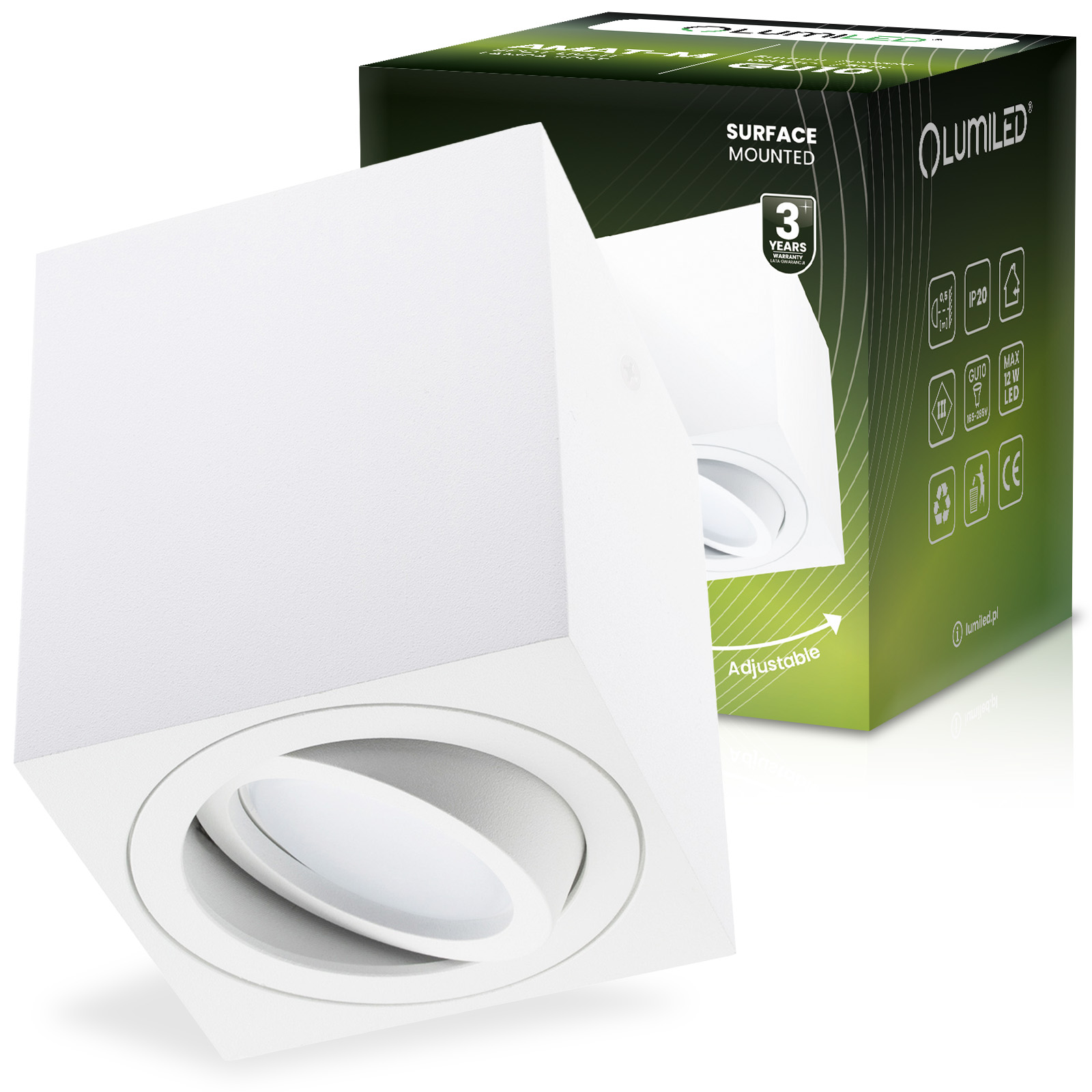 Oprawa Natynkowa HALOGENOWA Spot Tuba Ruchoma GU10 Kwadratowa Biała 84mm AMAT-M LUMILED - główne zdjęcie produktu