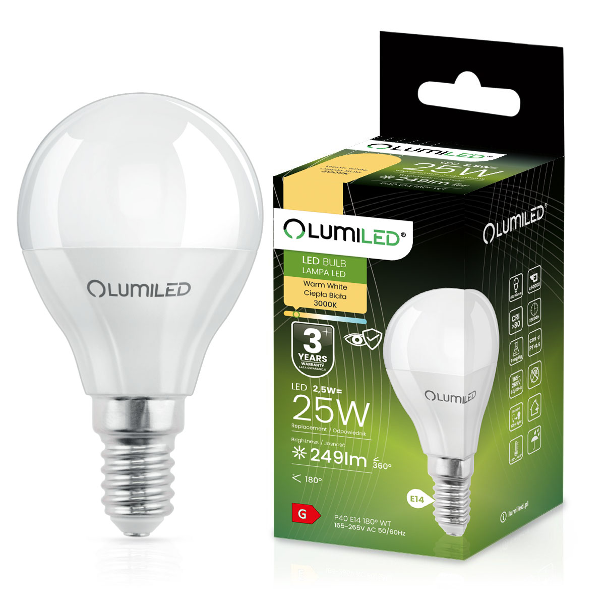 Żarówka LED E14 Kulka P45 2,5W = 25W 249lm 3000K Ciepła 180° LUMILED - główne zdjęcie produktu