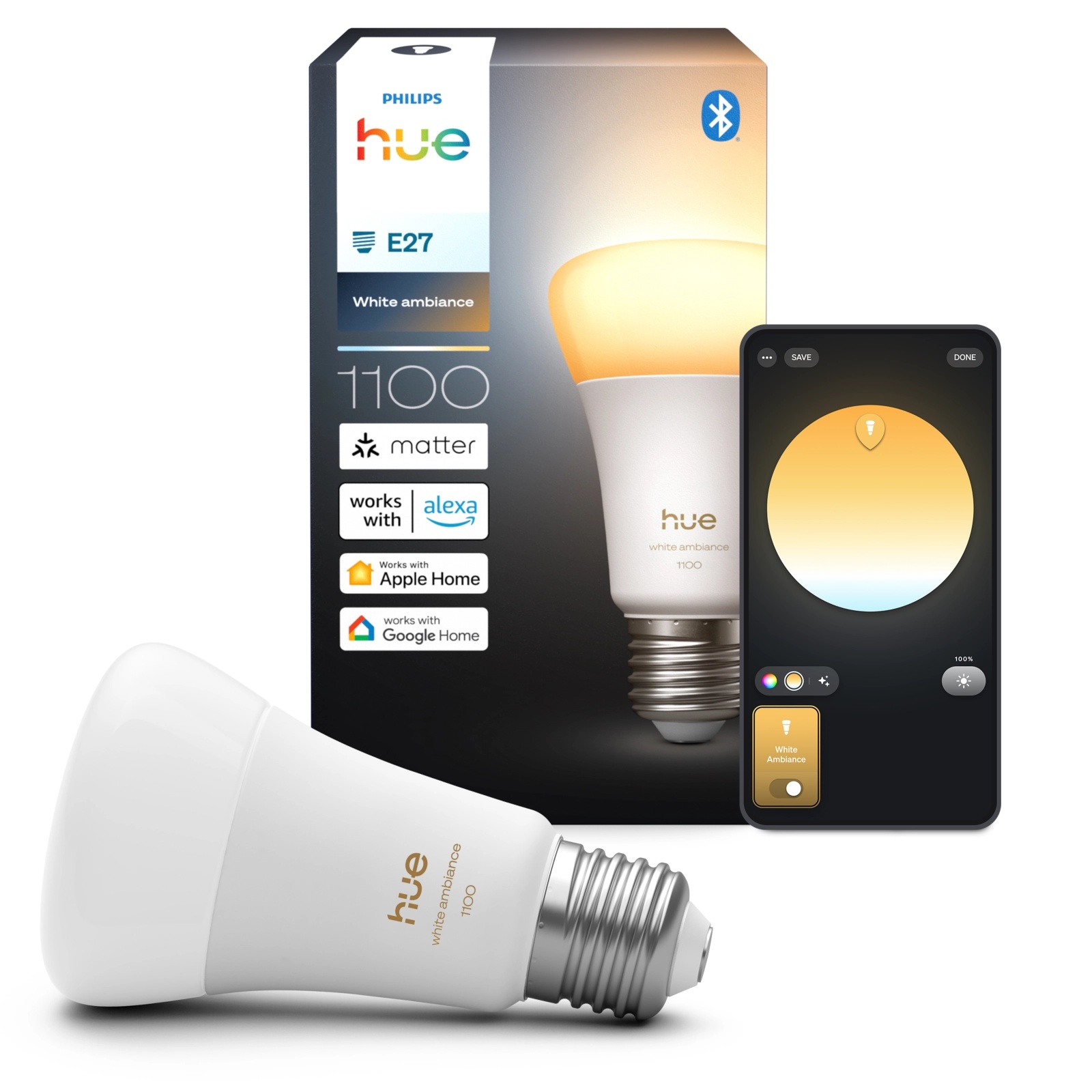 Żarówka LED E27 A60 8.1W = 75W 1100lm 1800-20000K CCT SMART Inteligentna Bluetooth ZigBee White Ambiance Philips HUE - główne zdjęcie produktu