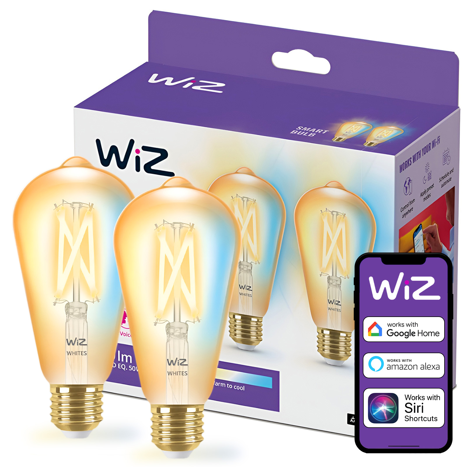 2x Żarówka LED E27 Edison ST64 7W = 50W 640lm 2000-5000K TW FILAMENT Bursztynowa Inteligentna SMART WiFi Bluetooth Aplikacja WiZ - główne zdjęcie produktu