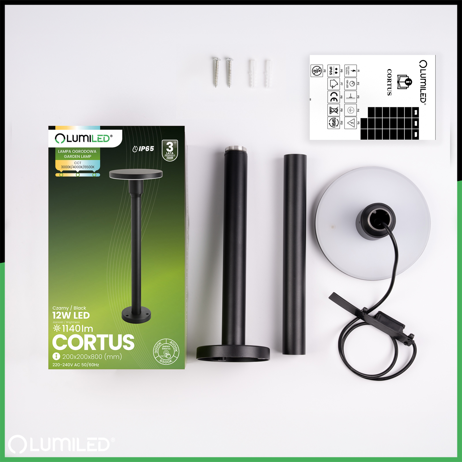 Lampa Ogrodowa Zewnętrzna Słupek Stojący CCT LED 12W 3000-6500K IP65 CORTUS LUMILED - skład produktu
