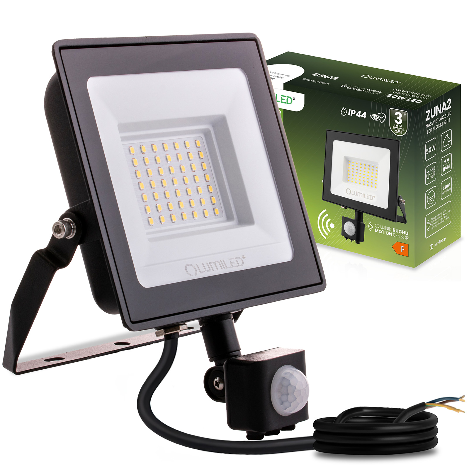 Naświetlacz LED ZUNA2 50W 4500lm 4000K IP44 Czarny Czujnik Ruchu LUMILED - główne zdjęcie produktu