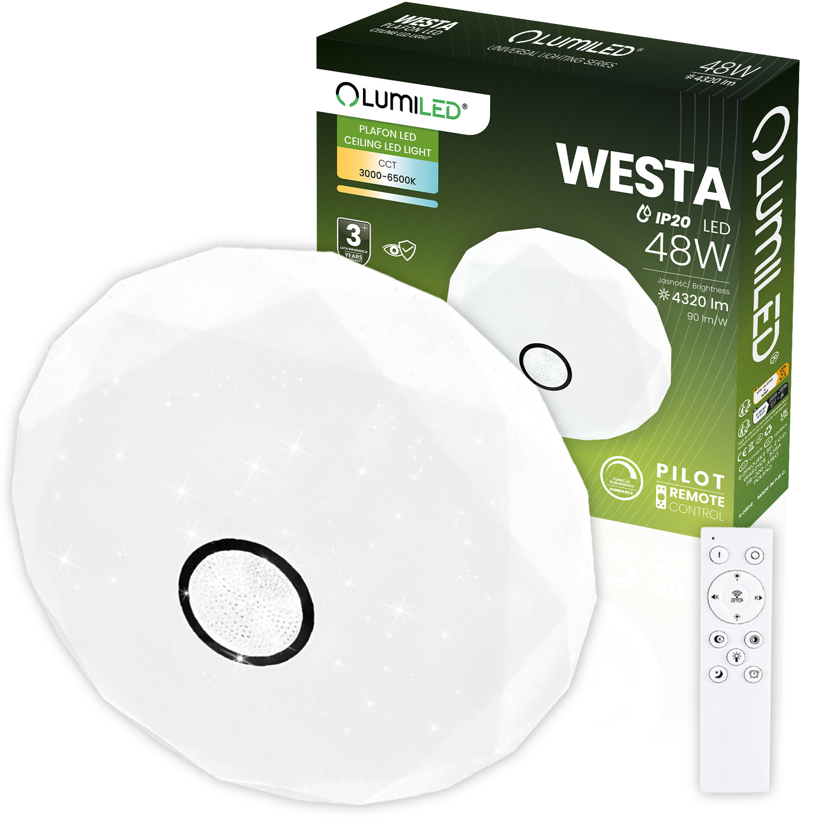 Plafon LED Lampa Sufitowa Natynkowa WESTA 48W CCT Biały Okrągły 40cm + PILOT LUMILED - główne zdjęcie produktu
