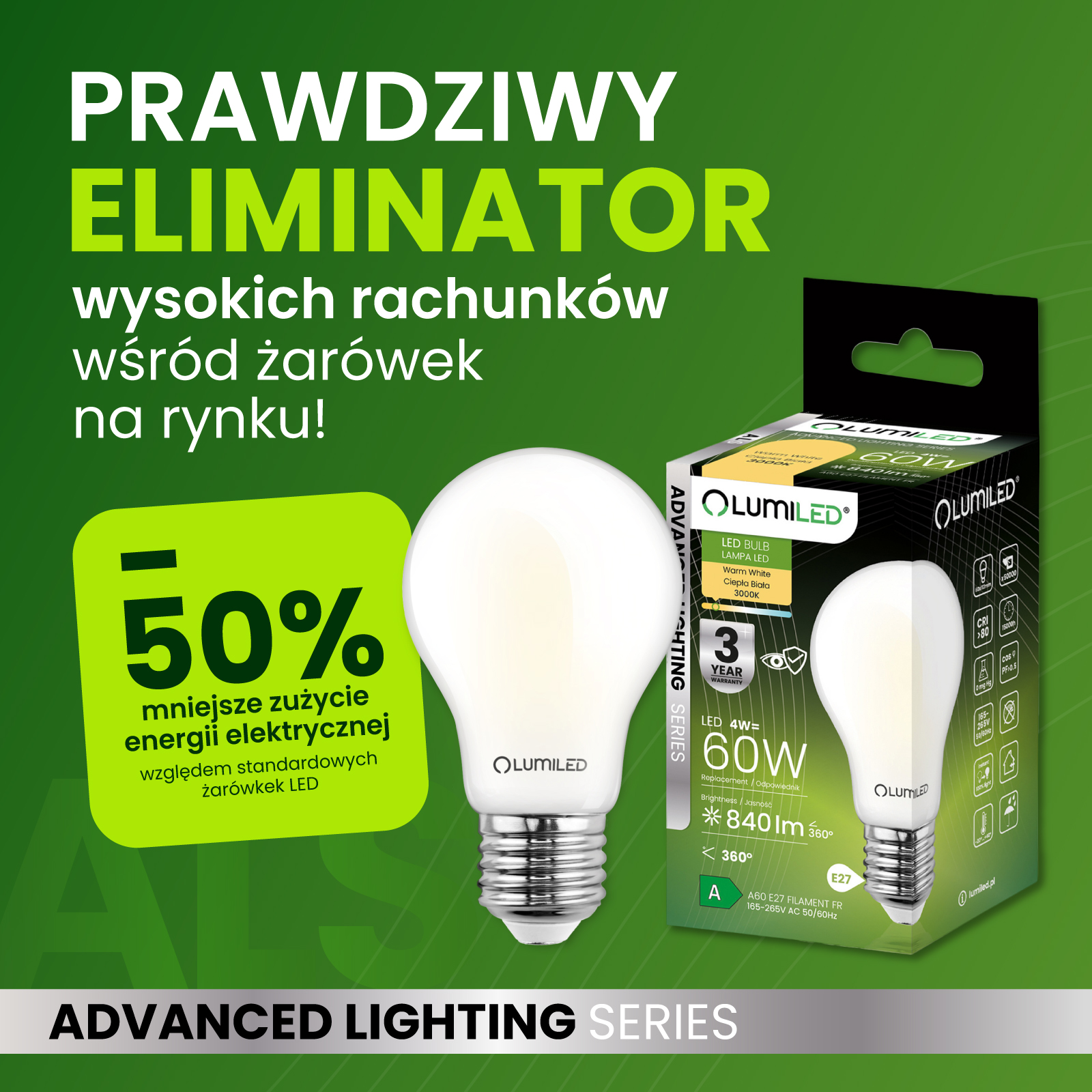 Żarówka LED E27 A60 4W = 60W 840lm 3000K Ciepła 360° FILAMENT LUMILED - pierwsza cecha produktu