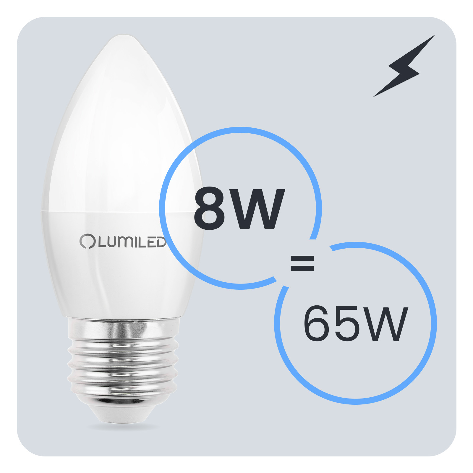 Żarówka LED E27 Świeczka B35 8W = 65W 880lm 6500K Zimna 180° LUMILED - trzecia cecha produktu