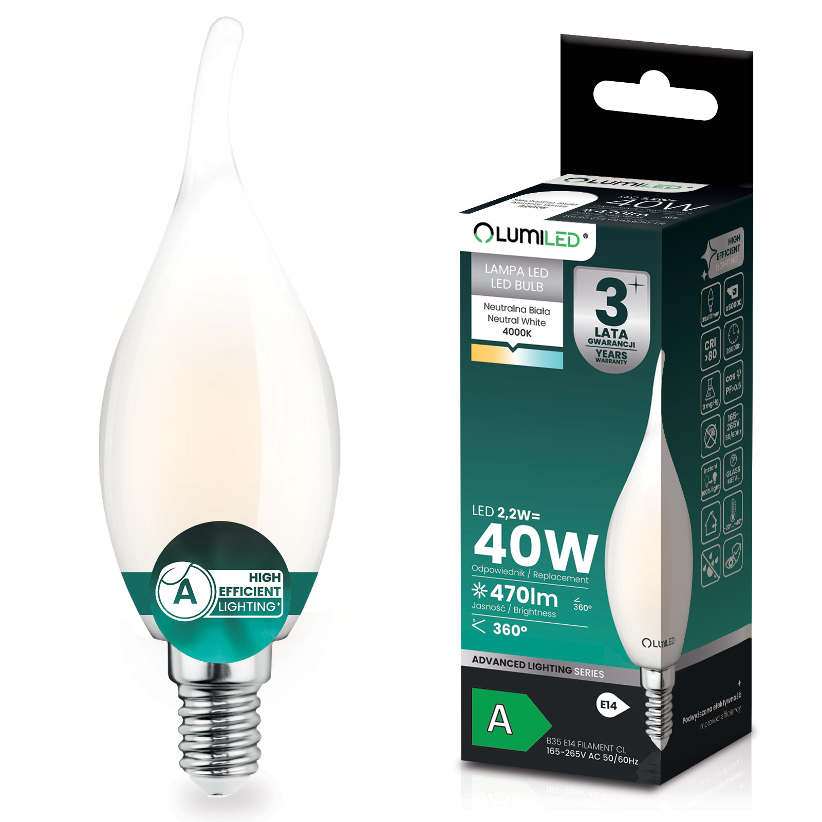 Żarówka LED E14 Świeczka BA35 2,2W 470lm = 40W 4000K Neutralna 360° Filament KLASA A LUMILED - główne zdjęcie produktu