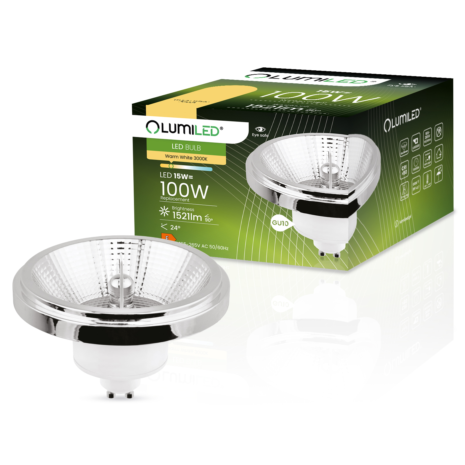 Żarówka LED GU10 Reflektor ES111 15W = 100W 1521lm 3000K Ciepła 24° Srebrna LUMILED - główne zdjęcie produktu