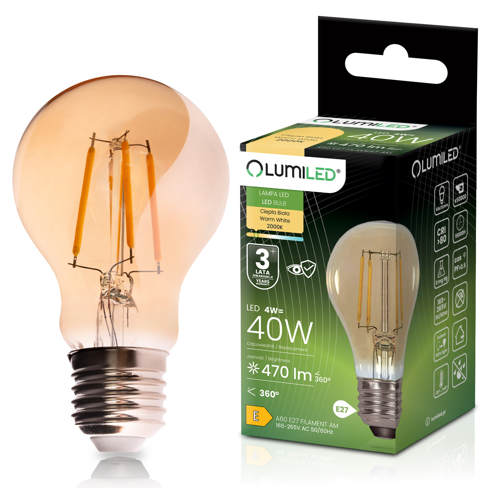 Żarówka LED E27 A60 4W 470LM = 40W 2000K Ciepła 360° Filament Amber LUMILED - główne zdjęcie produktu