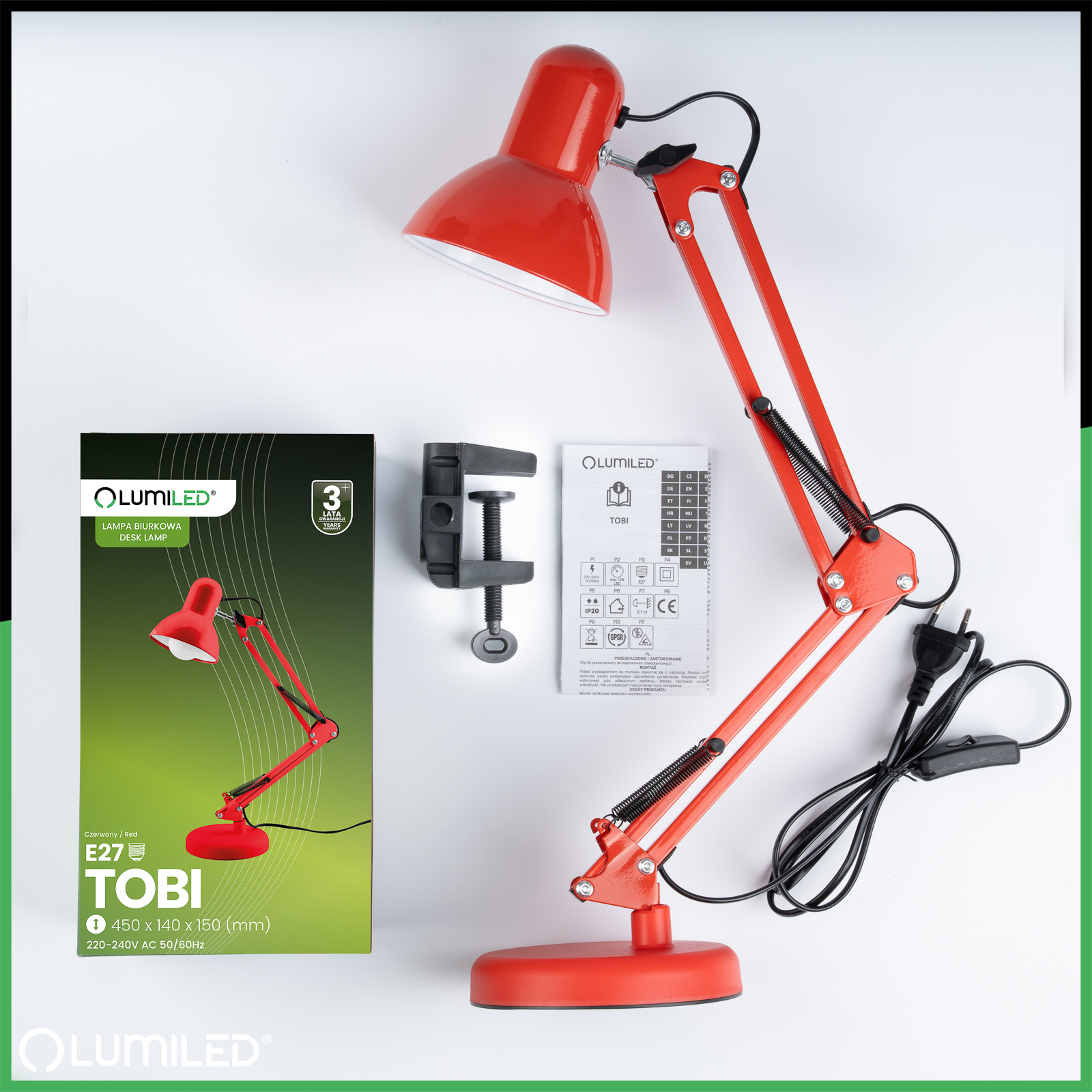 Lampka Biurkowa Kreślarska Stołowa E27 TOBI Czerwona Lumiled + uchwyt na blat - skład produktu