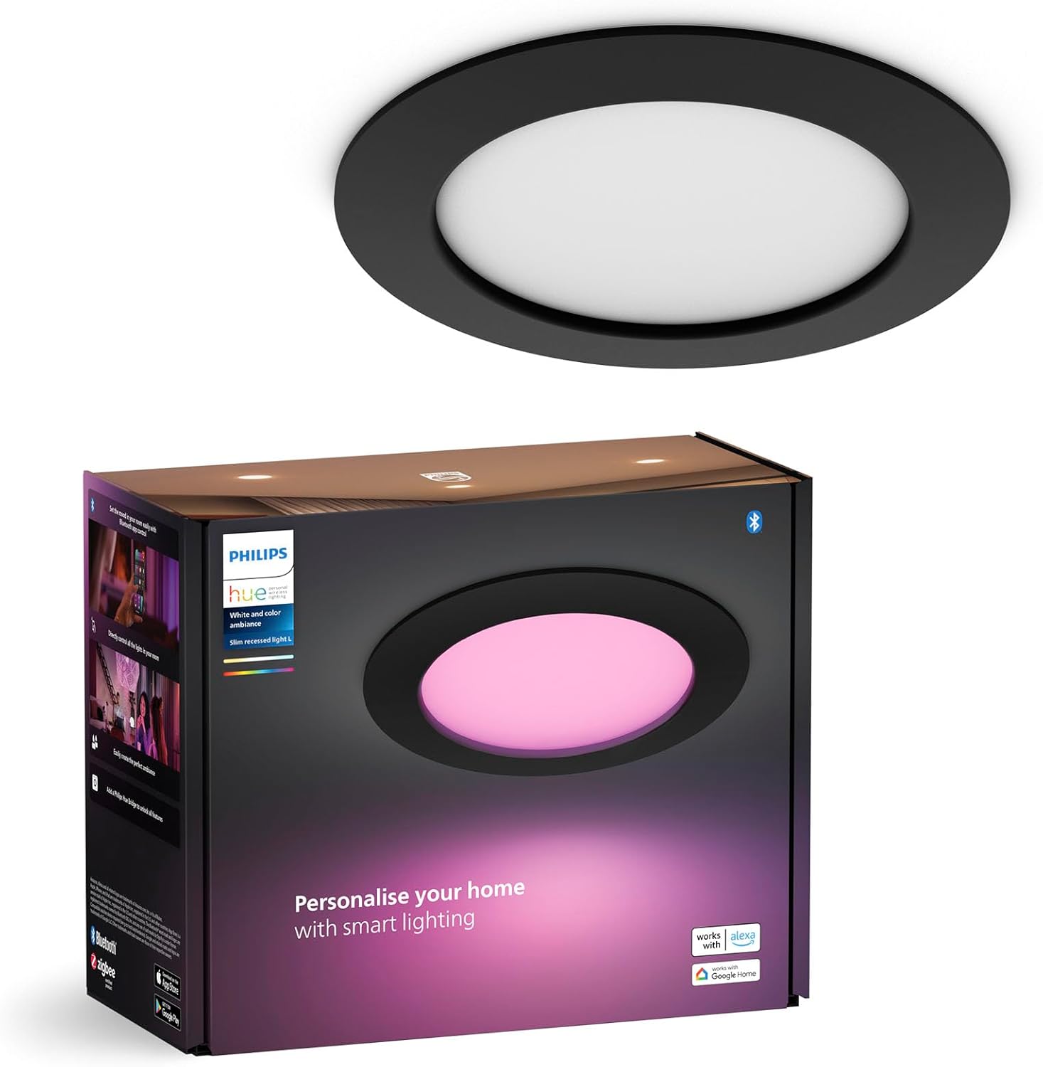 Panel LED Oprawa Podtynkowa Wpuszczana 12W 1500lm IP44 White and Color Ambiance RGB + TW Czarna Inteligentna SMART Zigbee Bluetooth Slim Downlights Philips HUE - główne zdjęcie produktu
