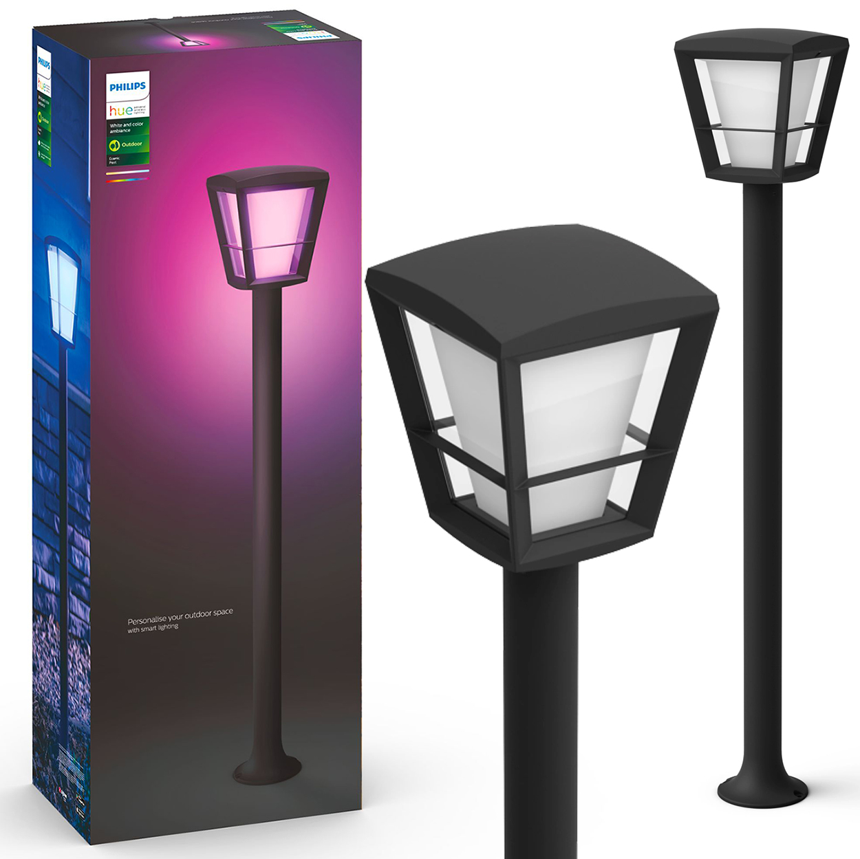Lampa Ogrodowa Zewnętrzna LED SŁUPEK 100cm 15.2W 1140lm IP44 White and Color Ambiance RGB + TW Czarna Inteligentna SMART Zigbee Bluetooth Econic Philips HUE - główne zdjęcie produktu