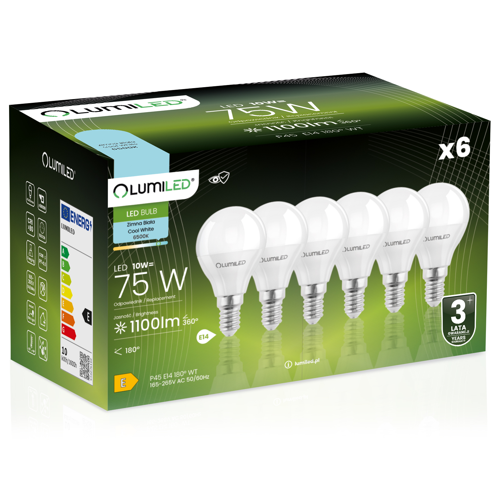 6x Żarówka LED E14 Kulka P45 10W = 75W 1100lm 6500K Zimna 180° LUMILED - główne zdjęcie produktu