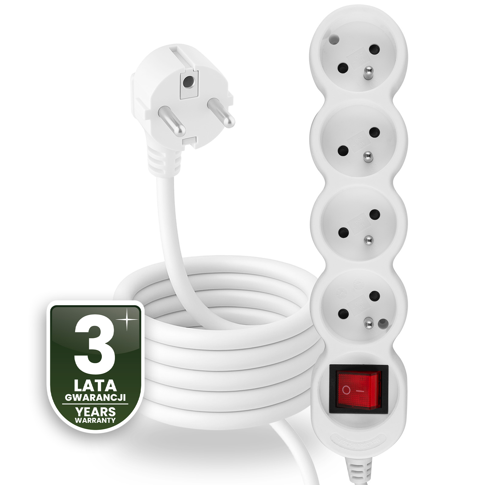 Przedłużacz Sieciowy Kabel z Uziemieniem Listwa Zasilająca 4 Gniazda 3m Włącznik ON/OFF Biały Sznur Lendo Lumiled - czwarta cecha produktu