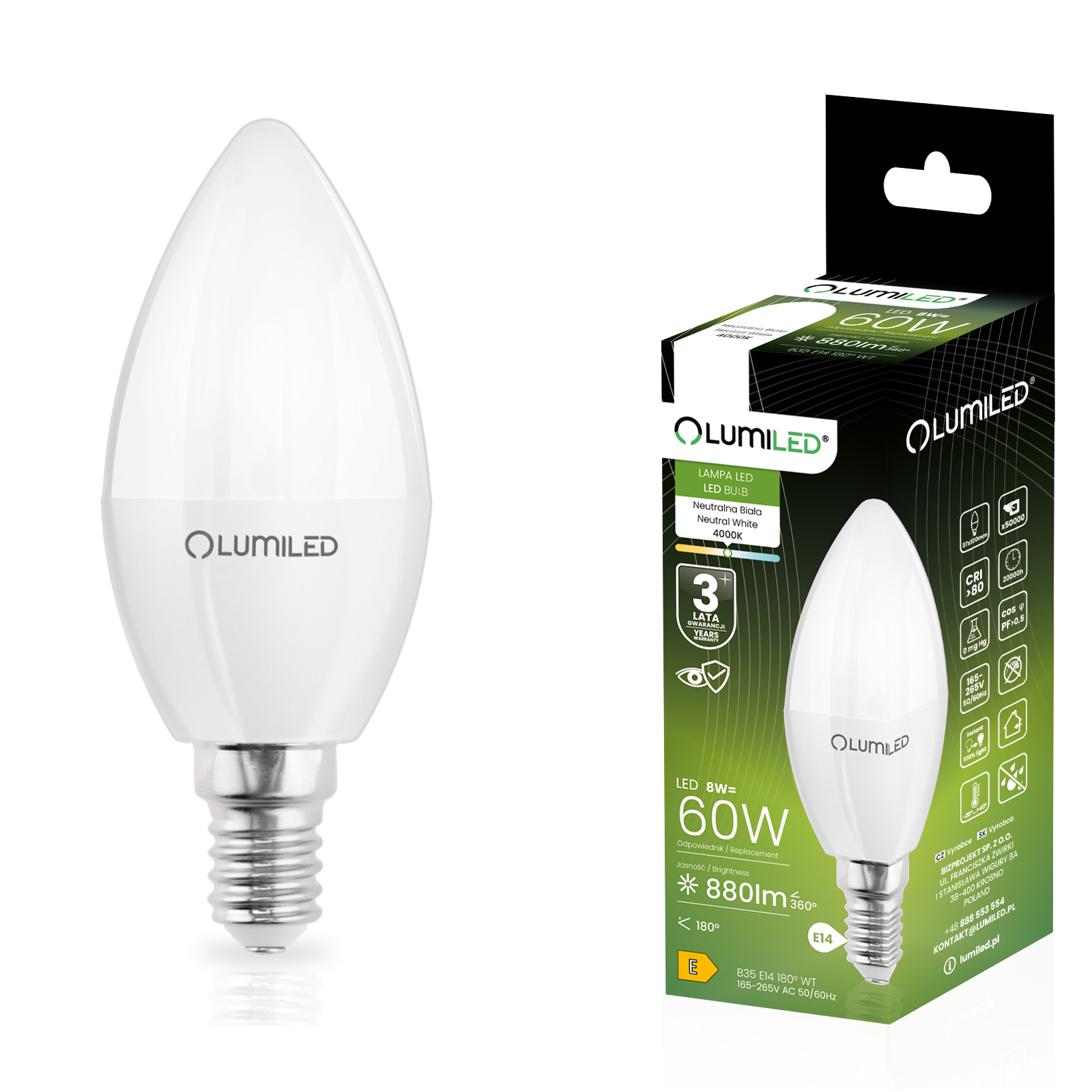 Żarówka LED E14 Świeczka B35 8W = 60W 880lm 4000K Neutralna 180° LUMILED - główne zdjęcie produktu