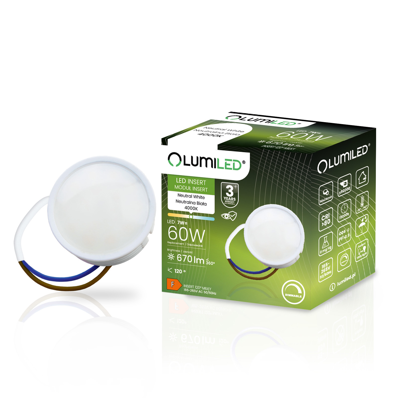 Wkład do Opraw LED Żarówka Moduł INSERT Reflektor 7W = 60W 670lm 4000K Neutralna 120° Ściemnialna LUMILED - główne zdjęcie produktu