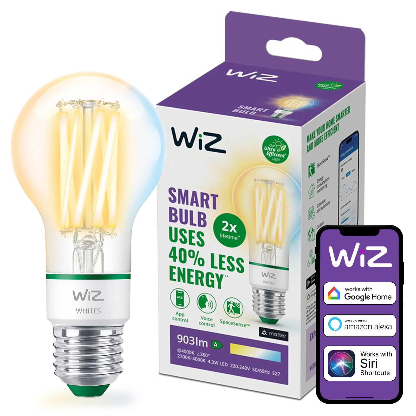 Żarówka LED E27 A60 4.3W = 60W 903lm 2700-4000K TW FILAMENT Inteligentna SMART WiFi Bluetooth Aplikacja WiZ - główne zdjęcie produktu