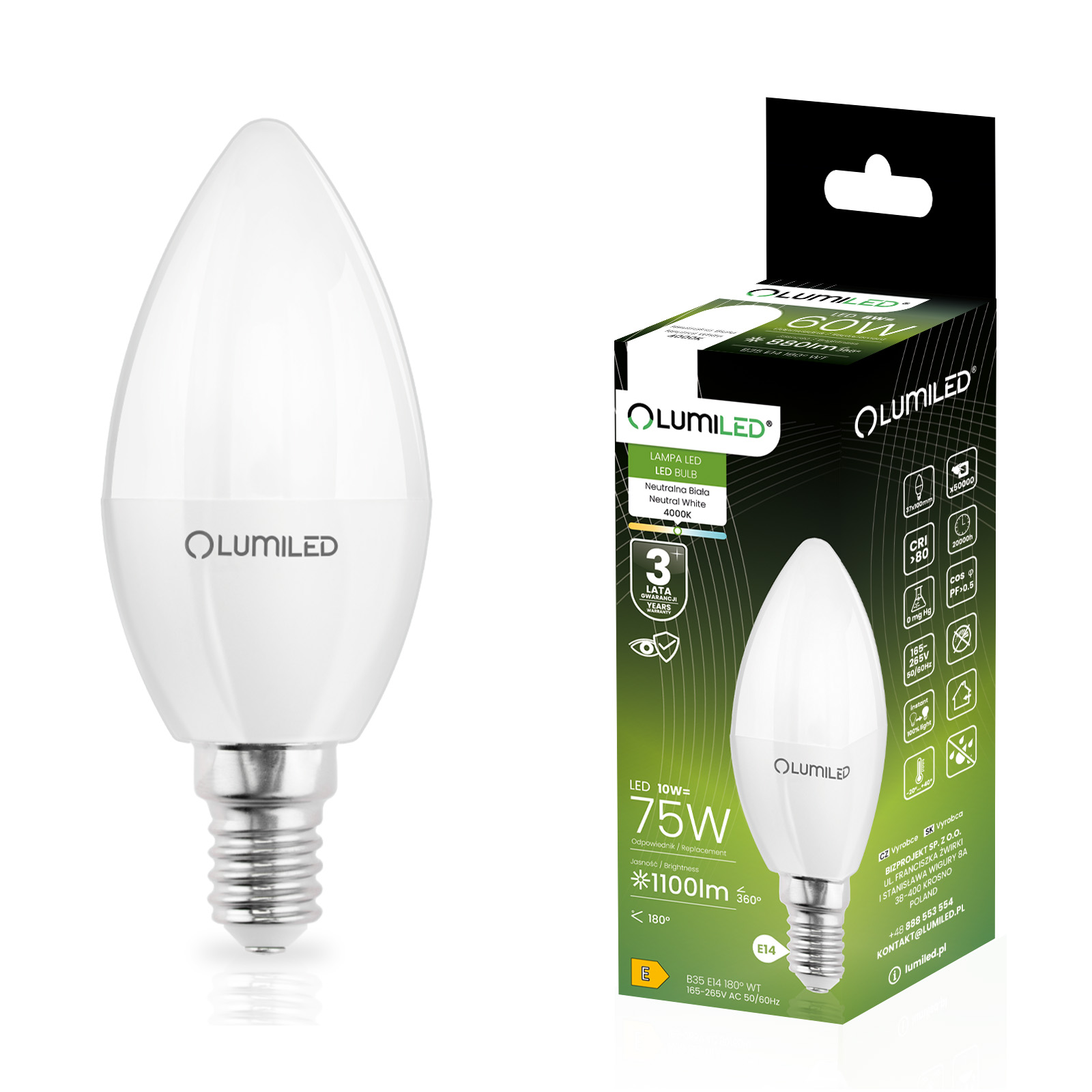 Żarówka LED E14 Świeczka B35 10W = 75W 1100lm 4000K Neutralna 180° LUMILED - główne zdjęcie produktu