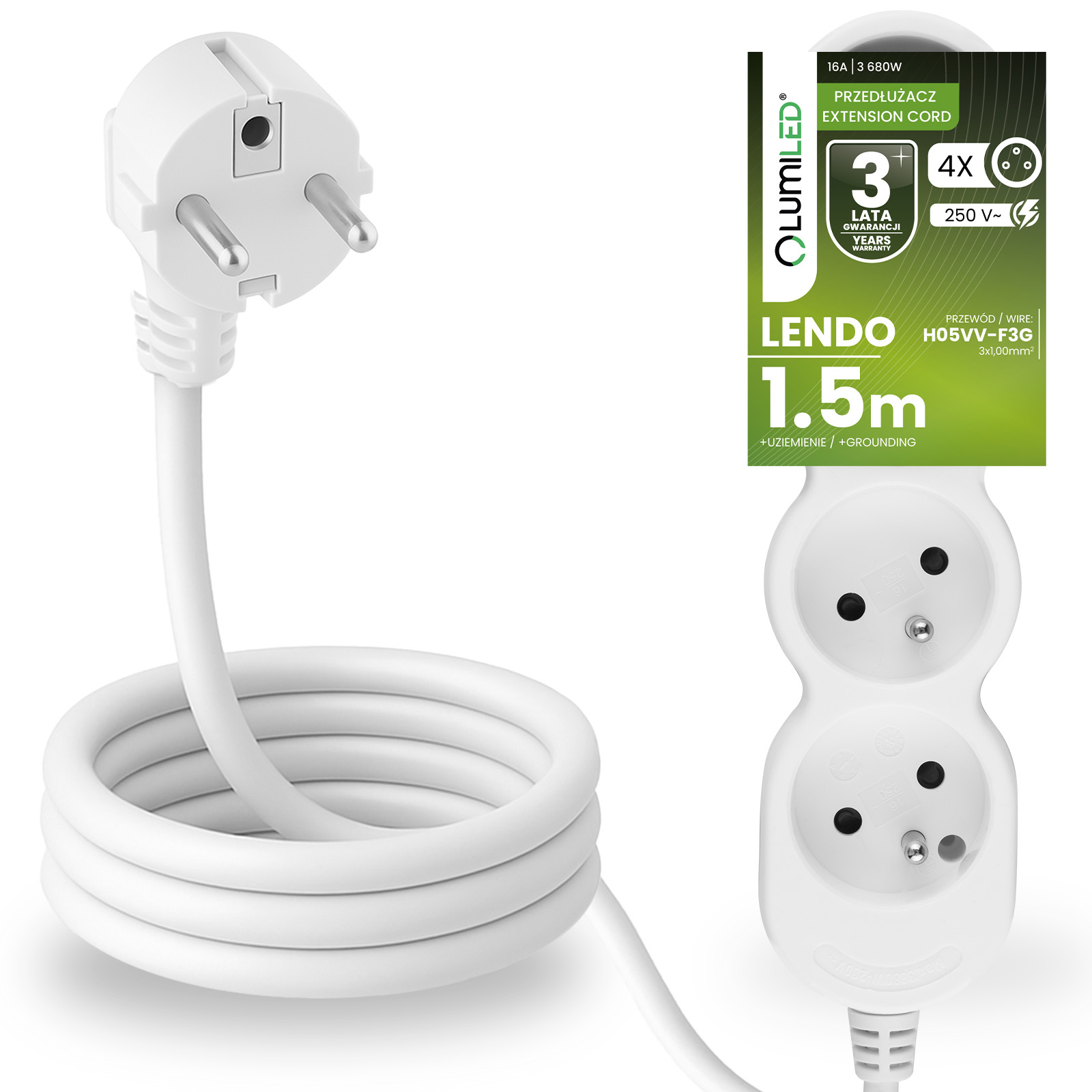 Przedłużacz Sieciowy Kabel z Uziemieniem Listwa Zasilająca 4 Gniazda 1.5m Biały Sznur Lendo Lumiled - główne zdjęcie produktu