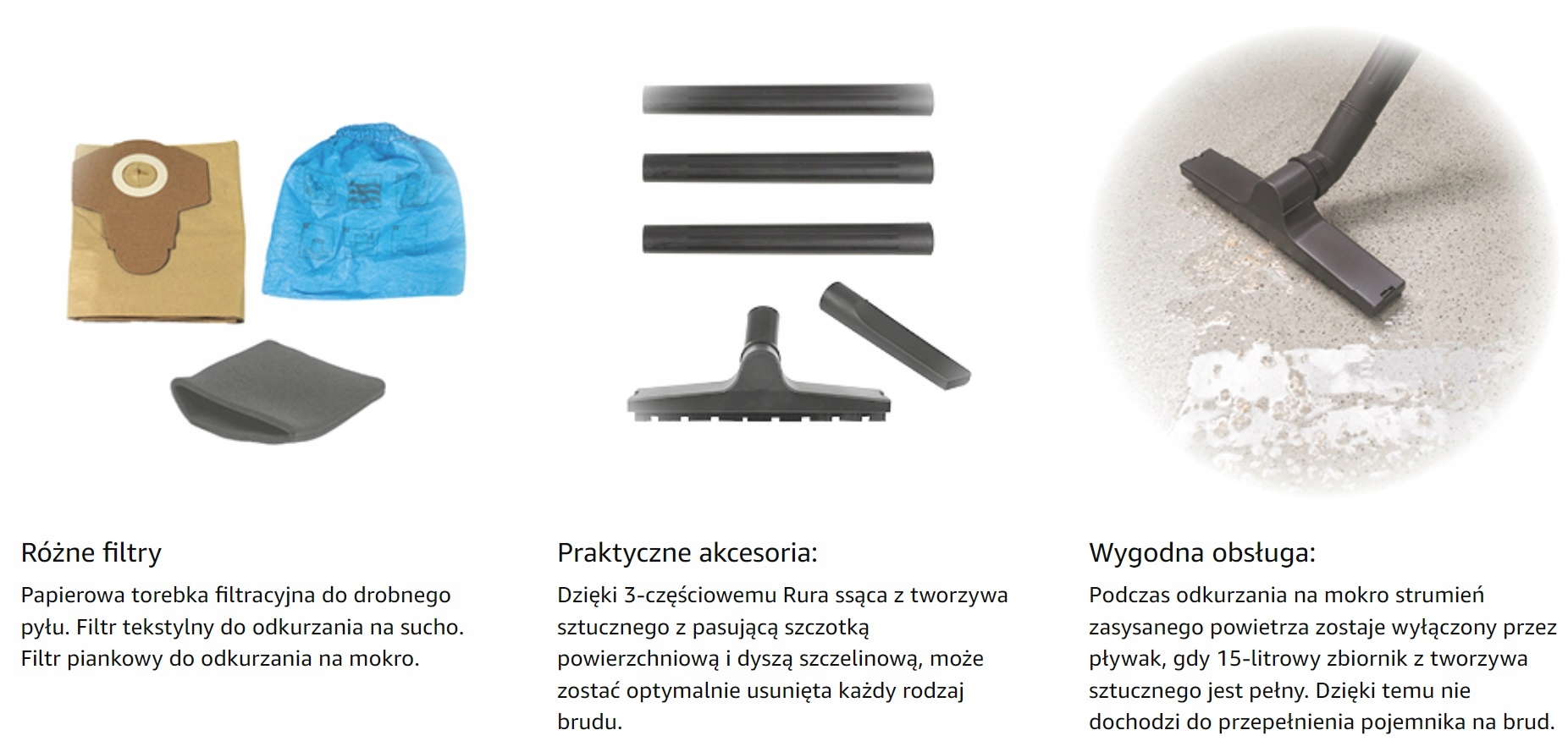 Odkurzacz na MOKRO SUCHO 1250 Watt 15L NADMUCH