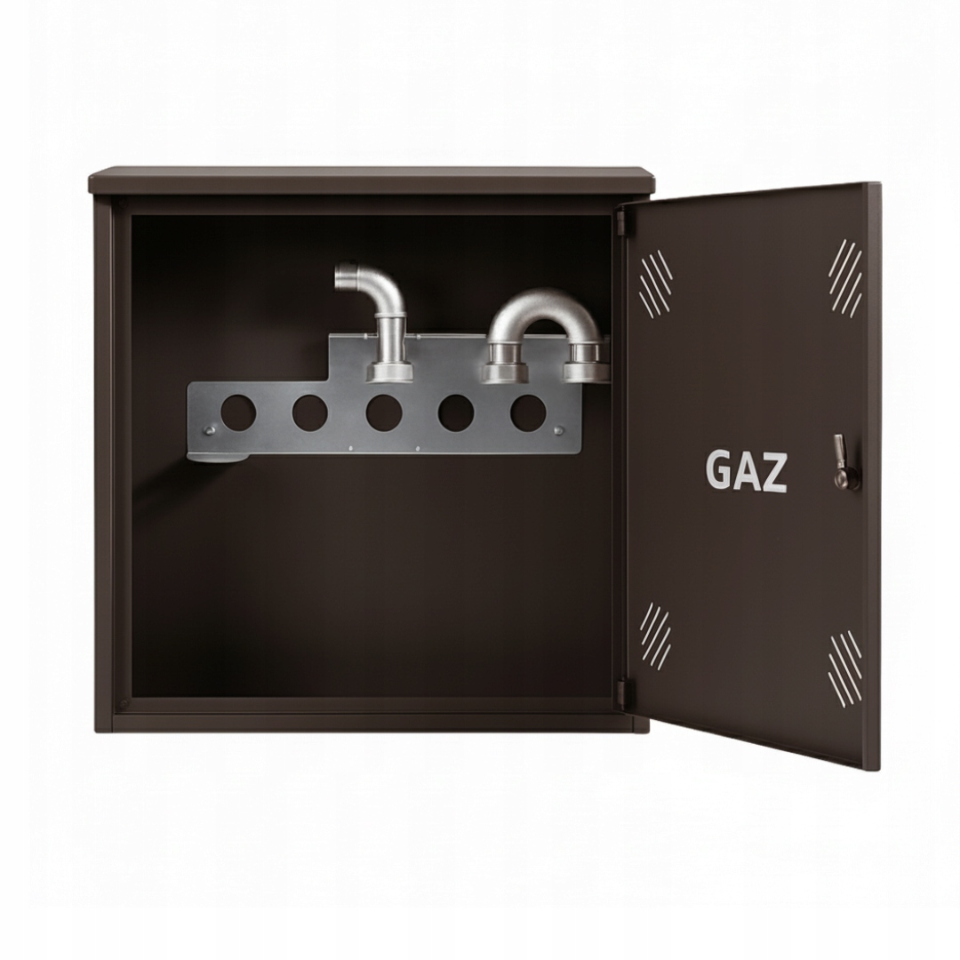 Szafka PUNKT GAZOWY aluminium 600x600x250 mm na 1 gazomierz BRĄZOWA z wyposażeniem