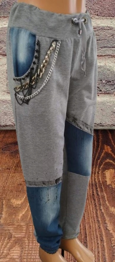 SPODNiE z jeansem i łańcuszkami ,kieszenie SHOP ART szare bawełna r.L