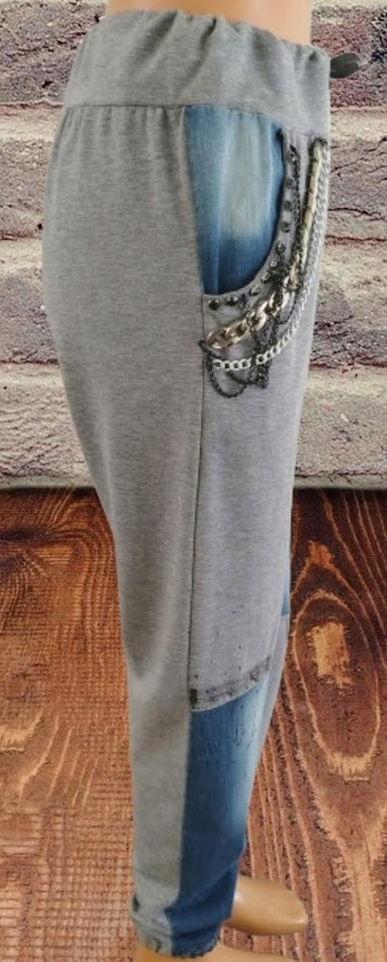 SPODNiE z jeansem i łańcuszkami ,kieszenie SHOP ART szare bawełna r.L