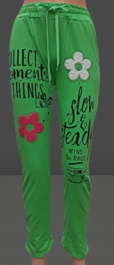 Spodnie DRESOWE damskie wiosenne w kwiaty elastyczne zielone bawełna