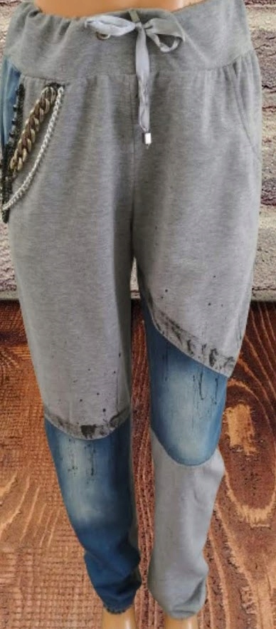 SPODNiE z jeansem i łańcuszkami ,kieszenie SHOP ART szare bawełna r.L