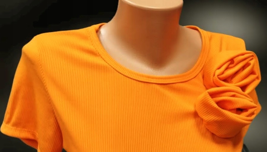 BLUZKA DAMSKA włoska PRĄŻKOWANA z różyczkami pomarańcz neon