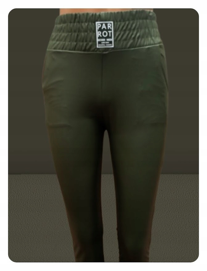 SPODNIE PARROT EKO SKÓRA WYSOKI STAN OLIWKOWE Z KIESZENIAMI M/L MIEGO