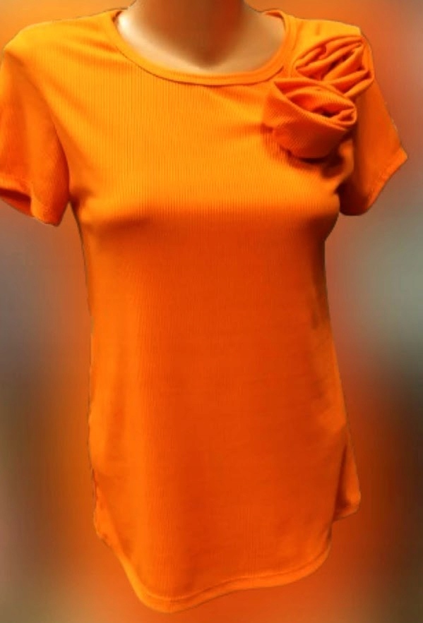 BLUZKA DAMSKA włoska PRĄŻKOWANA z różyczkami pomarańcz neon