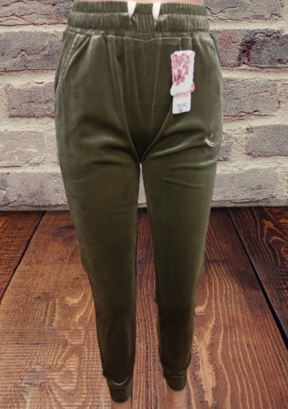 Spodnie welurowe z kieszeniami bawełna MODNE prążki DASIRE M zielone