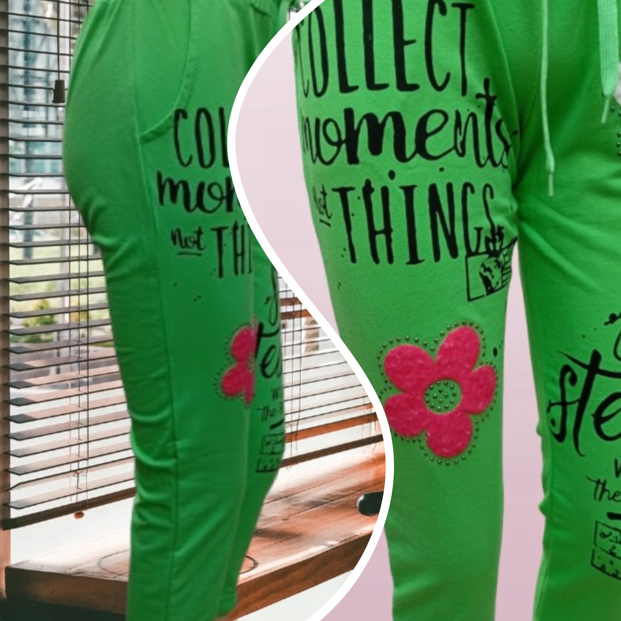 Spodnie DRESOWE damskie wiosenne w kwiaty elastyczne zielone bawełna