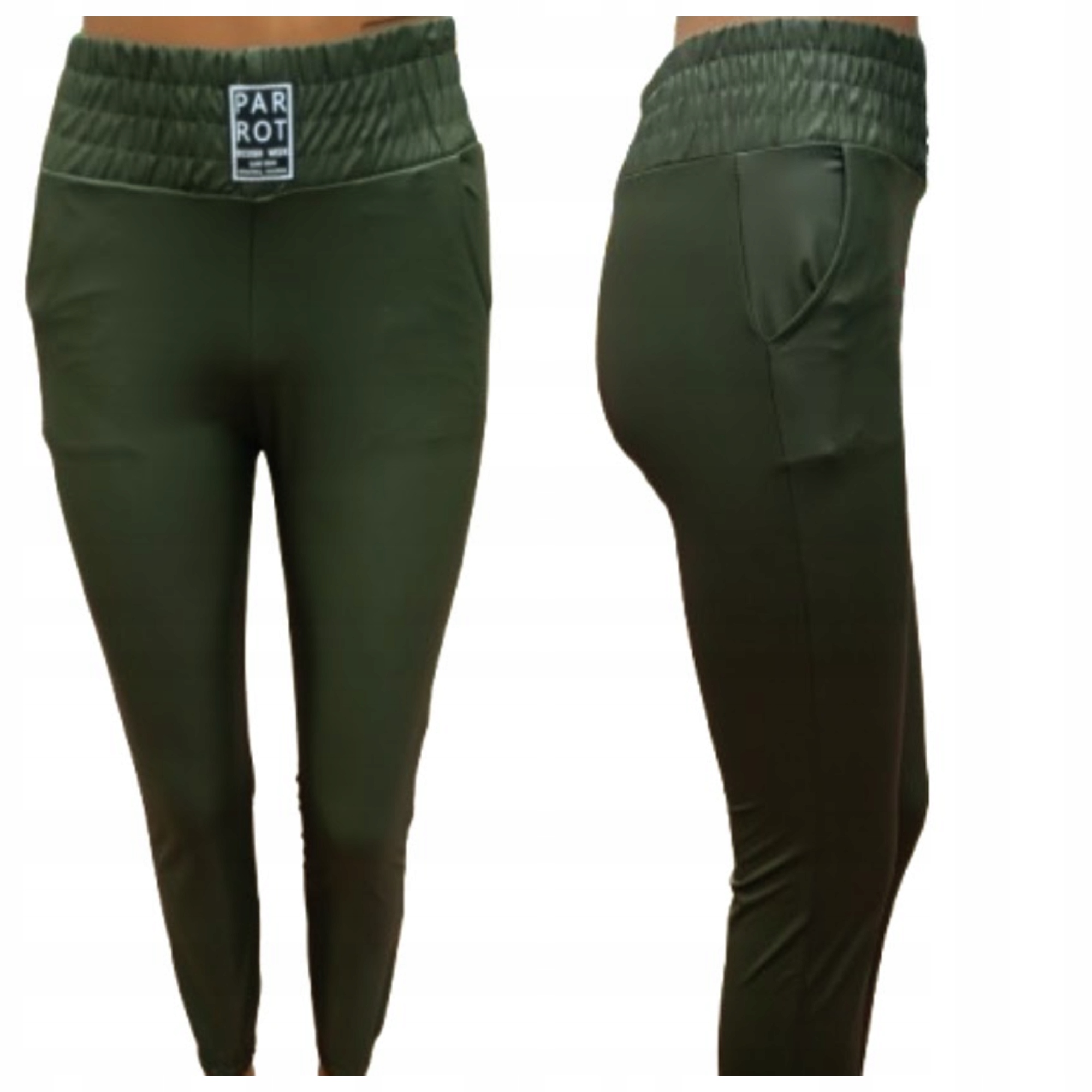 SPODNIE PARROT EKO SKÓRA WYSOKI STAN OLIWKOWE Z KIESZENIAMI M/L MIEGO