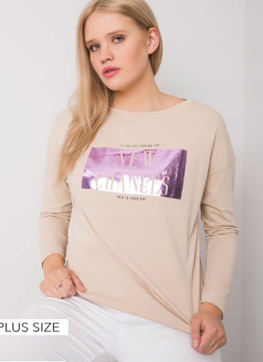 Modna bluzka plus size z nadrukiem R 48 BEŻOWA