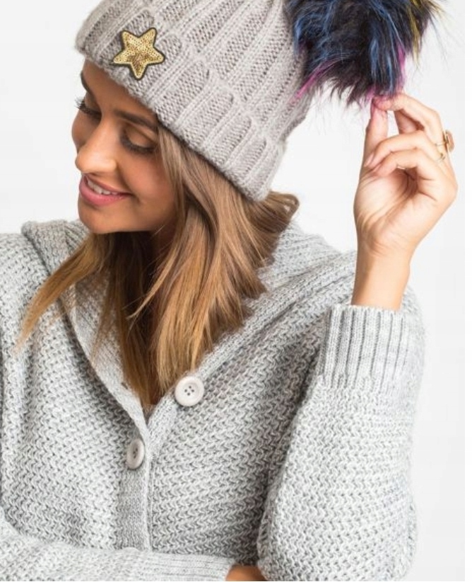 Czapka damska zimowa szara z pomponem