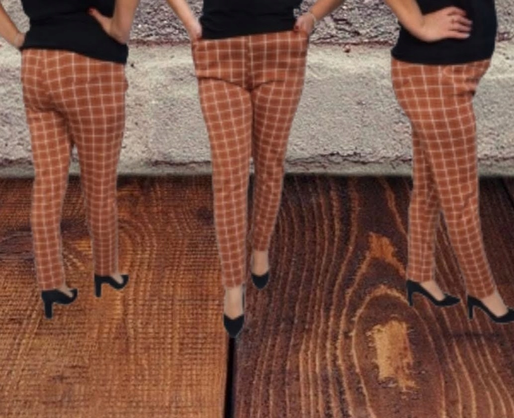 Spodnie damskie cygaretki w kratkę 7XL/8XL brązowe z kieszeniami