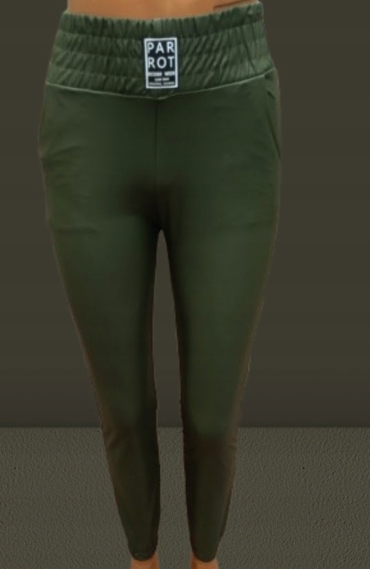 SPODNIE PARROT EKO SKÓRA WYSOKI STAN OLIWKOWE Z KIESZENIAMI M/L MIEGO
