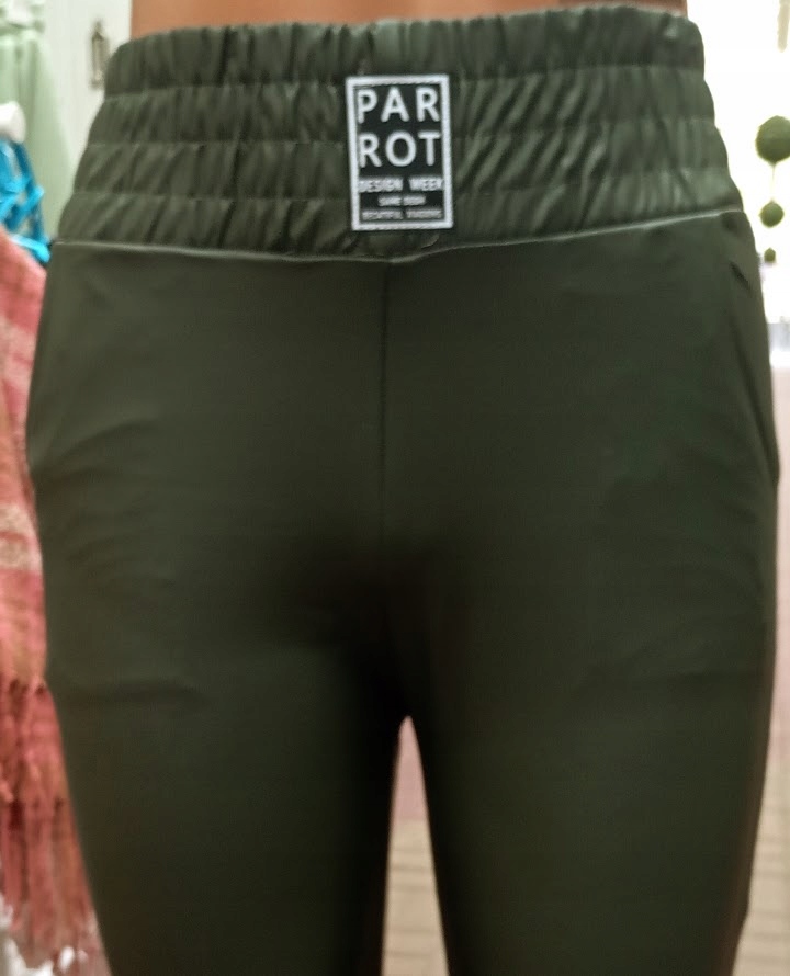 SPODNIE PARROT EKO SKÓRA WYSOKI STAN OLIWKOWE Z KIESZENIAMI M/L MIEGO