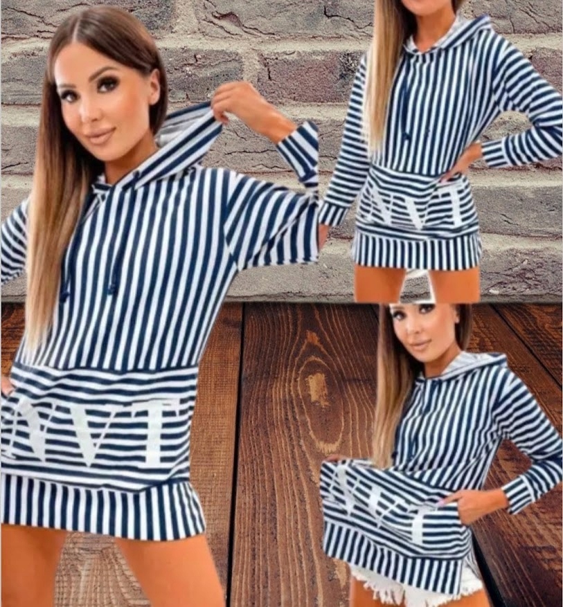 BLUZA z kapturem W PASKI CLASSIC COLLECTION Z printem r.M (38)