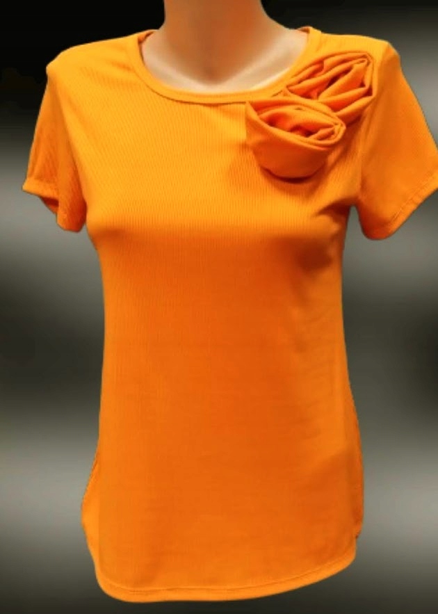 BLUZKA DAMSKA włoska PRĄŻKOWANA z różyczkami pomarańcz neon
