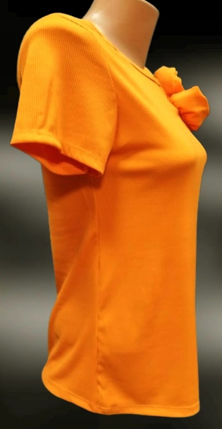 BLUZKA DAMSKA włoska PRĄŻKOWANA z różyczkami pomarańcz neon