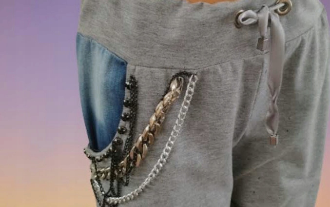 SPODNiE z jeansem i łańcuszkami ,kieszenie SHOP ART szare bawełna r.L