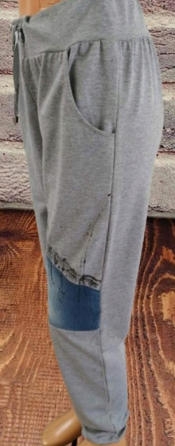 SPODNiE z jeansem i łańcuszkami ,kieszenie SHOP ART szare bawełna r.L