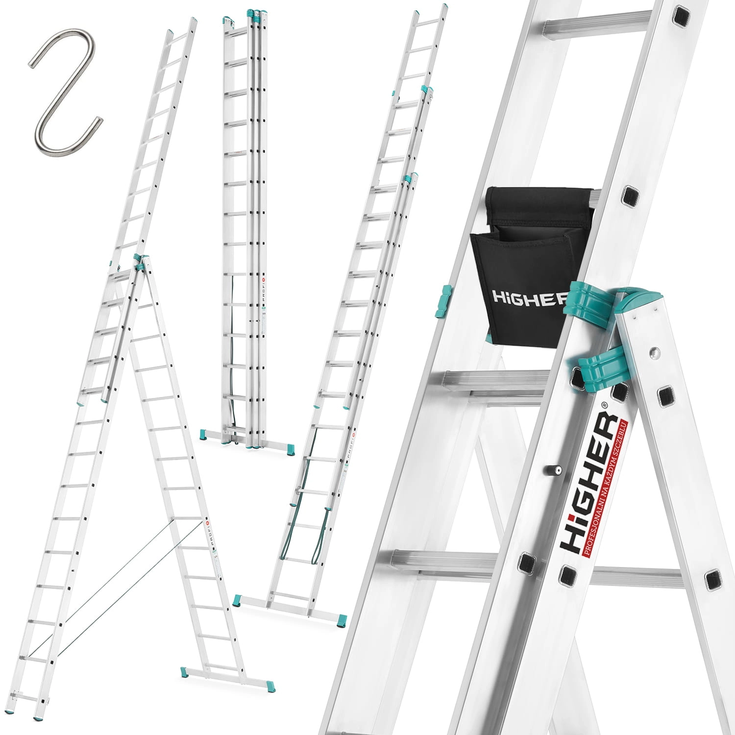 Drabina aluminiowa 3x14 wielofunkcyjna MOCNA 9,09 m uniwersalna udźwig 120 kg