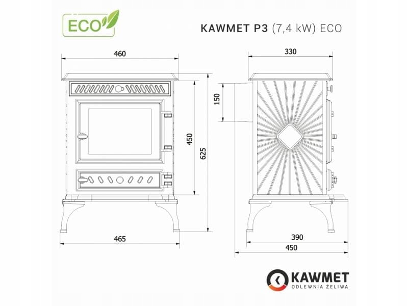 Piec piecyk kominek żeliwny koza KAWMET P3 ECO 7,4 kW wolnostojący — 8