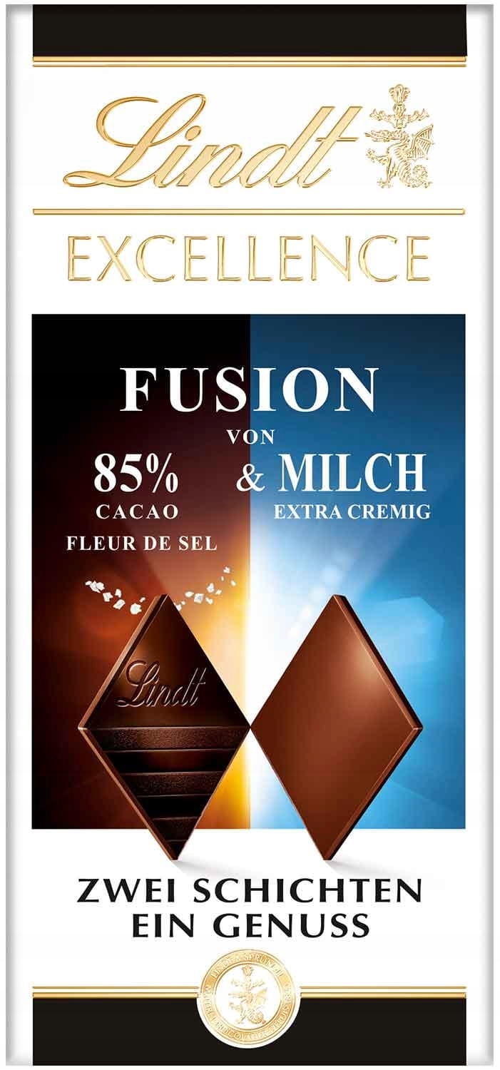 Lindt Excellence Fusion czekolada gorzka 85% z solą i mleczna 100g